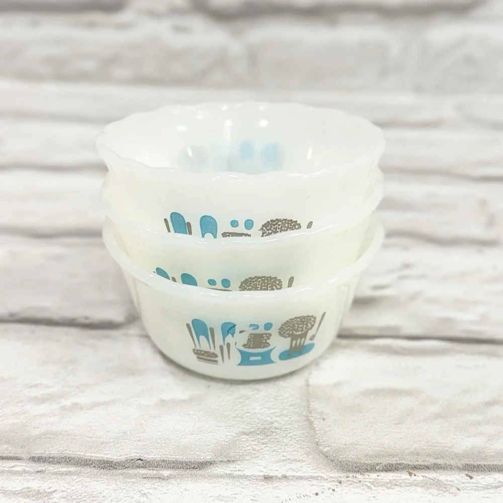 Vtg 50s Fire King Bowls Ramekin Custard Dish Blue Heaven Aqua Milk Glass 3 Count